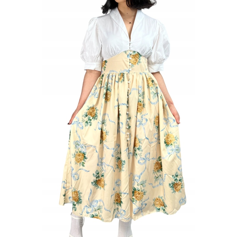 Sukienka koktajlowa w kwiaty, maxi z rozcięciem, pin-up