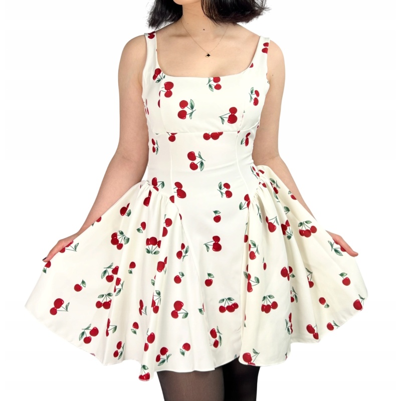 Sukienka na ramiączkach w wiśnie, koktajlowa, pin-up