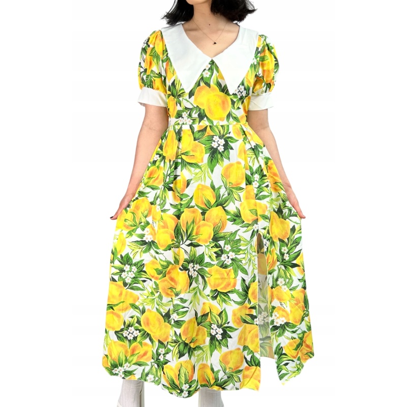 Sukienka koktajlowa w cytryny, maxi z rozcięciem, pin-up