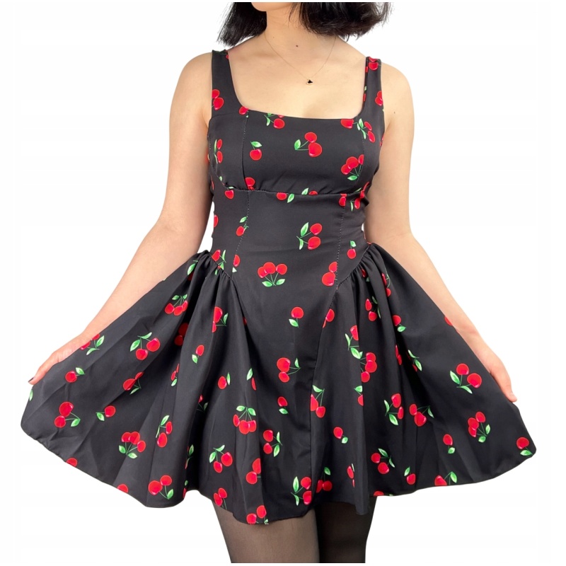 Sukienka na ramiączkach w wiśnie, koktajlowa, pin-up